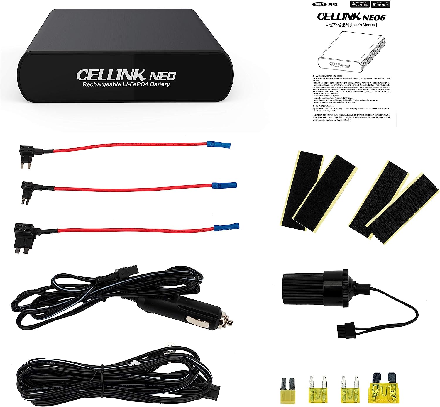 Cellink Neo 6 Box contents: Cellink-Neo 6 Battery, User Guide, Female Cigarette Adapter, Cigarette to Battery Cable, Hardwiring Cable, 2x Velcro Attachment straps, blade fuses